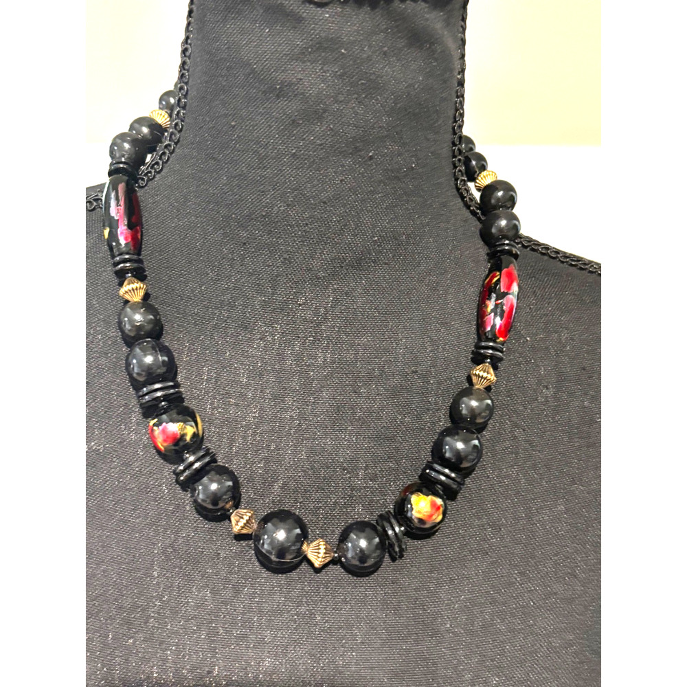 Black beaded necklace hand painted flowers faux pearl Asian Travel 21” Classy